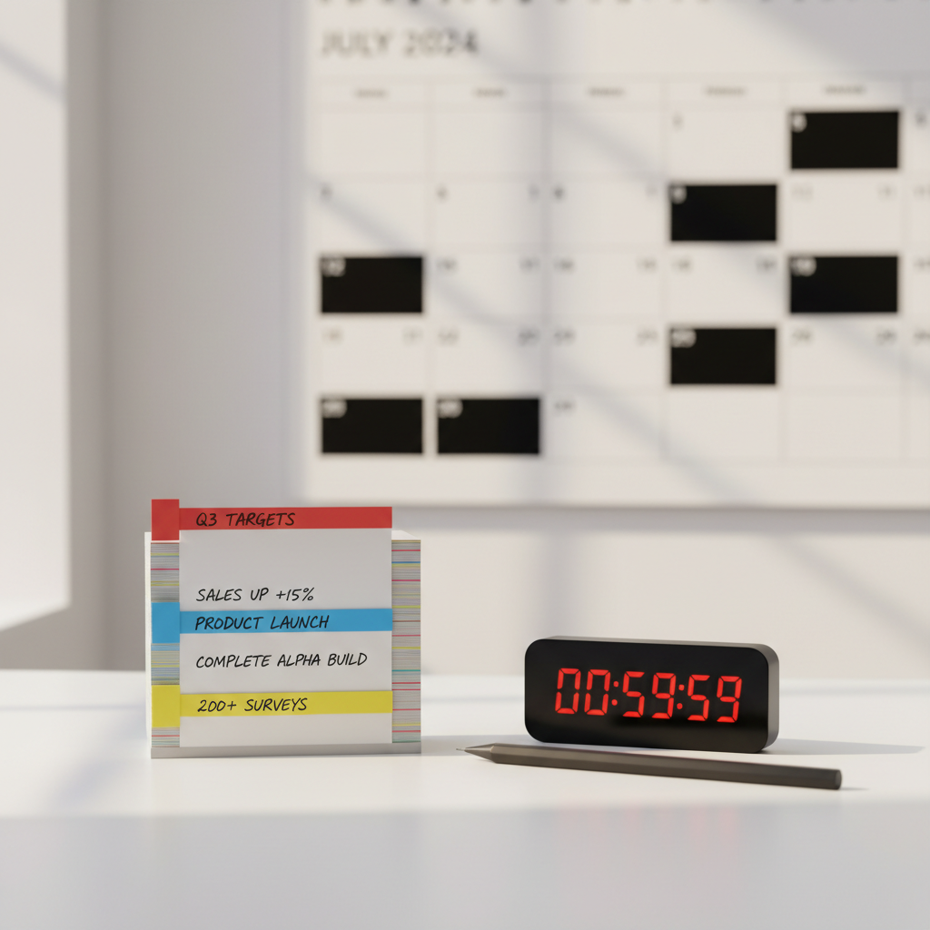 A single, neatly stacked pile of color-coded index cards, each tabbed with precise handwritten goals and metrics, sits centered on a clean, matte-white desk. Adjacent is a slim, digital timer with a glowing countdown and a graphite mechanical pencil aligned perfectly beside it. In the background, slightly out of focus, a large wall calendar with bold, blocked time segments hints at a rigorous schedule. Soft overhead studio lighting and diffused window light combine to create a bright, even illumination with gentle, controlled shadows. Photographed from a slightly elevated angle with sharp focus on the cards and timer, the image feels organized, disciplined, and relentless, embodying a high-performance, competitive work ethic.