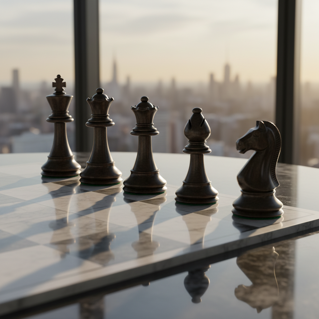 A perfectly aligned row of five polished chess pieces—king, queen, rook, bishop, and knight—crafted from dark ebony wood with a satin finish, arranged on the edge of a pristine marble chessboard. Each piece shows fine carved details and subtle reflections along its smooth curves. The board rests on a modern glass table in a high-rise office, with a distant city skyline softly blurred through floor-to-ceiling windows. Golden hour sunlight filters in, casting long, strategic shadows of the pieces across the board. Shot from a low, side-on angle with rule-of-thirds composition, the photographic style feels sharp and intentional, capturing strategy, foresight, and leadership mindset.